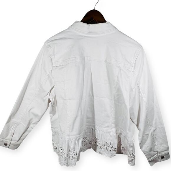 Susan Graver White Peplum Denim Jacket XL Eyelet Lace Hem Stretch Cotton - Picture 4 of 12